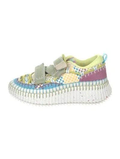 Pre-owned Chloé Colorblock Pattern Whipstitch Trim Sneakers In Green