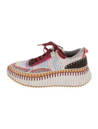 Pre-owned Chloé Colorblock Pattern Whipstitch Trim Sneakers In White