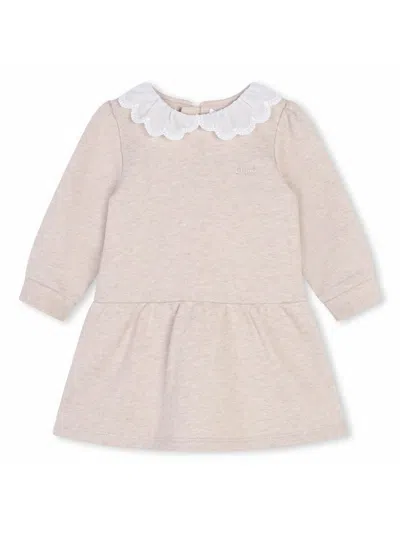 Chloé Kids' Contrast-collar Organic Cotton Dress In Beige