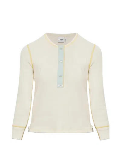 Chloé Contrast-stitch Button-placket Long-sleeve Top In Neutral
