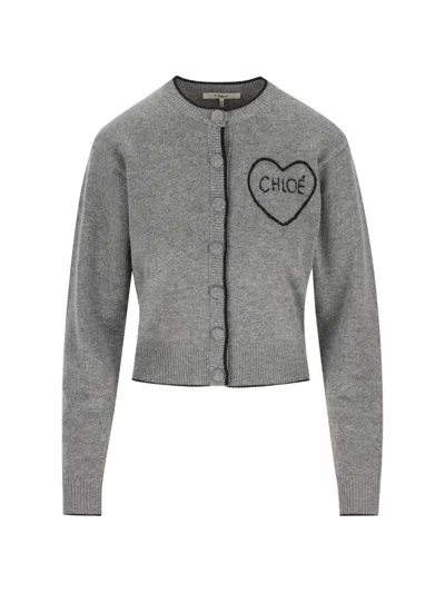 Chloé Logo Cardigan Contrast Trims Rib Knit In Gray