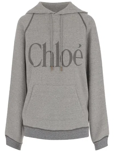 Chloé Cotton Blend Sweatshirt With Drawstring Hood And Logo In Gray