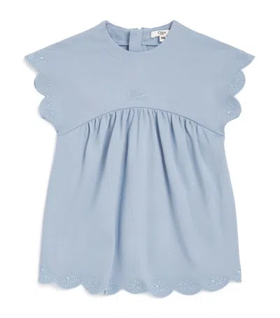 Chloé Kids' Cotton Embroidered Logo Dress In Blue