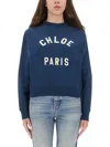 Chloé Women Blue Crewneck Sweatshirt With Logo Lettering Print In Cotton Woman In Blue