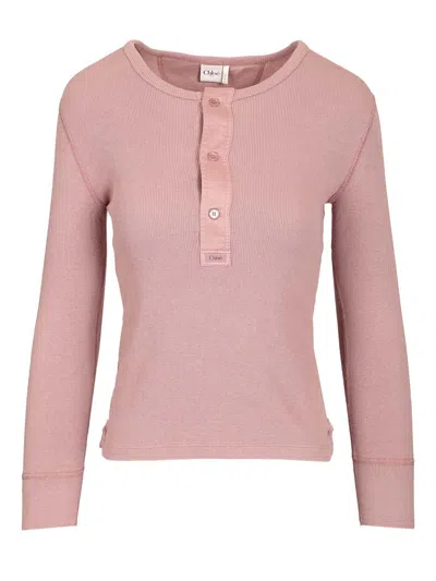 Chloé Fitted Henley Cotton Jersey Shirt Clothing In Pink
