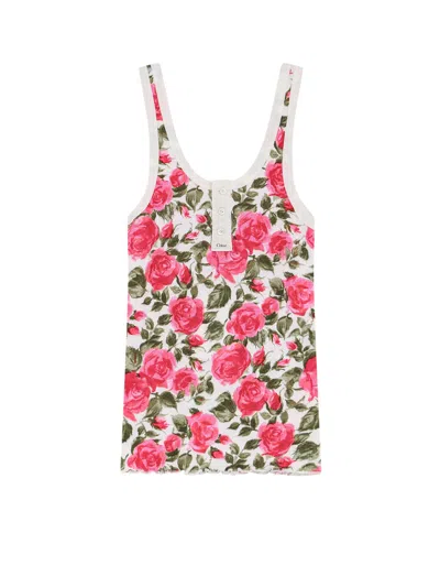 CHLOÉ COTTON HENLEY TANK TOP WITH ALL-OVER FLORAL PATTERN