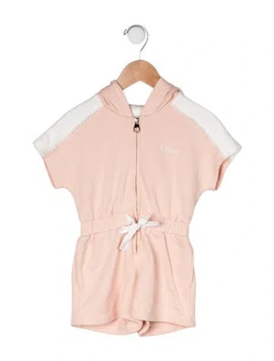 Pre-owned Chloé Babies' Cotton Hooded Romper In Pink/white
