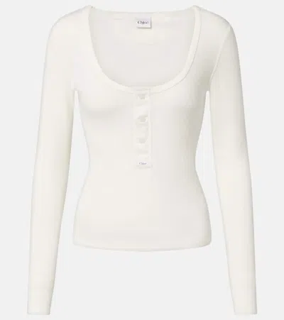 Chloé Women White Long-sleeve T-shirt With Logo Patch On The Front And Ribbed Knit In Cotton Woman In Neutral