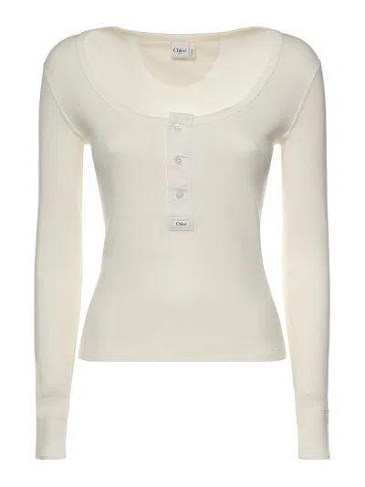 Chloé Cotton Jersey Henley Shirt In White