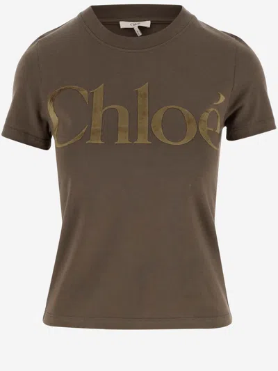 Chloé Logo Print Round Neck T-shirt In Green