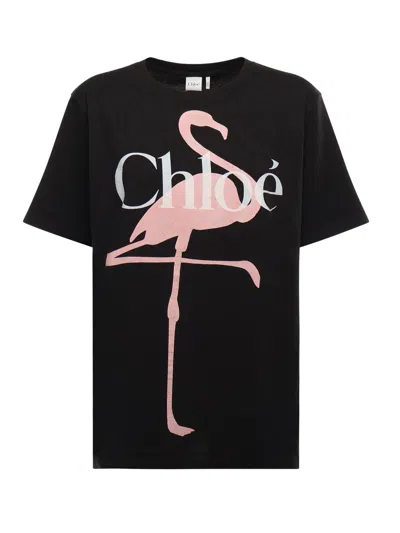 Chloé Women Black Crewneck T-shirt With Maxi Logo Print On The Front In Cotton Woman