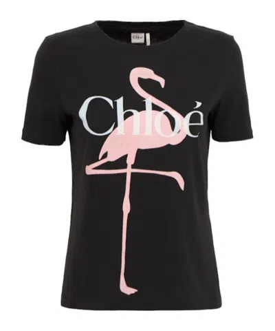 CHLOÉ COTTON JERSEY T-SHIRT W/ FLAMINGO PRINT