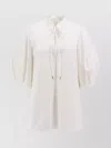 Chloé Cotton Keyhole Puff Sleeve Tie Neck Top In White