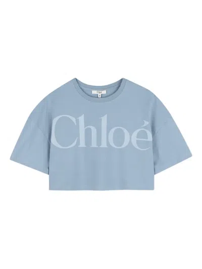 Chloé Kids Logo Cropped Cotton Jersey T-shirt In Blue