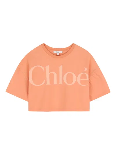 Chloé Kids' Cotton Name T-shirt In Orange