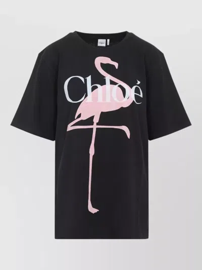 Chloé Cotton Oversized Flamingo-print Logo-print T-shirt In Black