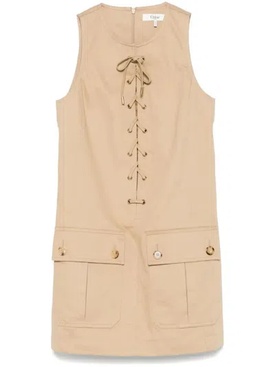 Chloé Cotton Satin Mini Dress With Front Laces And Double Slit In Pink