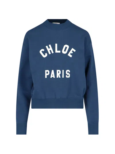Chloé Cotton Sweater With Appliqué Front In Blue