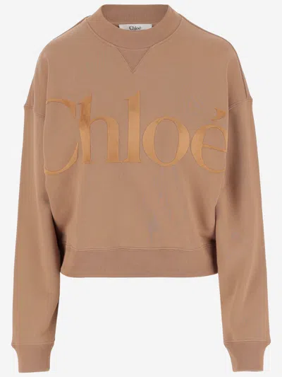 Chloé Chloè Cotton Sweatshirt With Logo In Brown