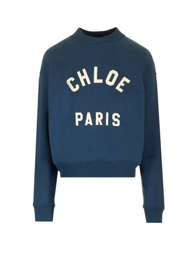 Chloé Cotton Sweatshirt With Logo In Blue