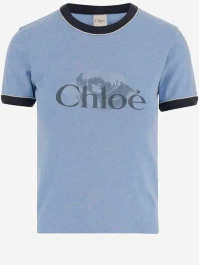 Chloé Chloè Cotton T Shirt With Logo In Blue