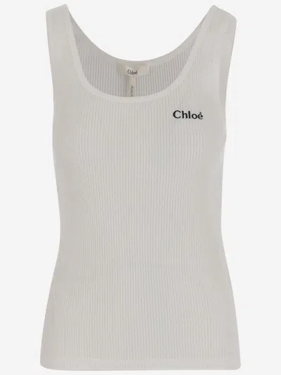Chloé Cotton Tank Top With Logo In Neutral