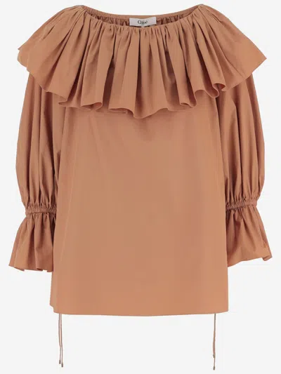 Chloé Chloè Cotton Top With Ruffles In Brown