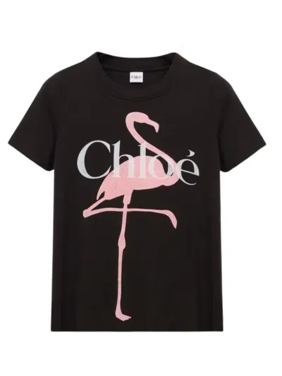 Chloé Cotton T-shirt Featuring A Flamingo Print In Black