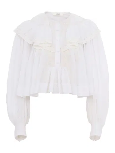 Chloé Cotton Voile And Lace Cropped Ruffle Top In White