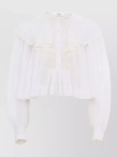 CHLOÉ COTTON VOILE LACE TOP LONG SLEEVES RUFFLES
