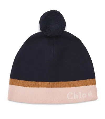 Chloé Kids' Cotton-wool Logo Beanie In Navy