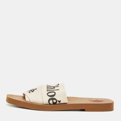 Pre-owned Chloé Cream Canvas Logo Woody Flat Slide Size 38 In White