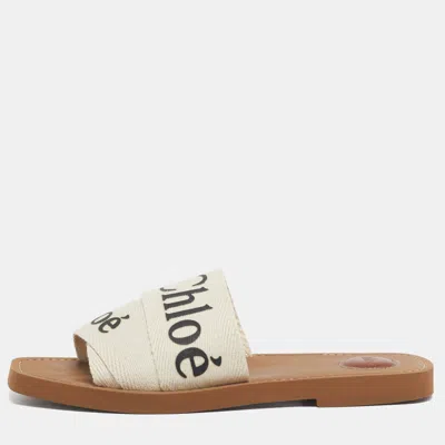 Pre-owned Chloé Cream Canvas Woody Slide Sandals Size 39 In White