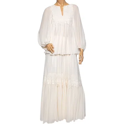 Chloé Cream Crinkle Silk Lace Trim Detailed Blouse And Skirt S In Animal Print