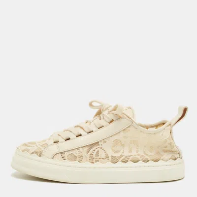 Pre-owned Chloé Cream Lace And Leather Lauren Lace Up Sneakers Size 39 In White