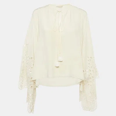 Pre-owned Chloé Cream Lace Trim Silk Blouse M