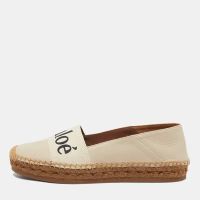 Pre-owned Chloé Cream Leather And Logo Canvas Woody Espadrille Flats Size 37