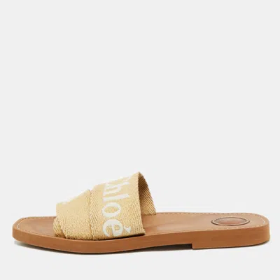 Pre-owned Chloé Cream Logo Print Canvas Woody Flat Slide Sandals Size 42 In White