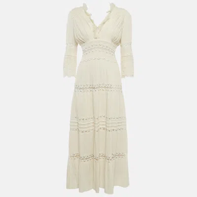 Pre-owned Chloé Cream Pintucked Linen Lace Panelled Maxi Dress S In White