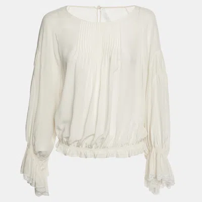 Pre-owned Chloé Cream Silk Crepe De Chine Lace Trim Ruffled Blouse S In White