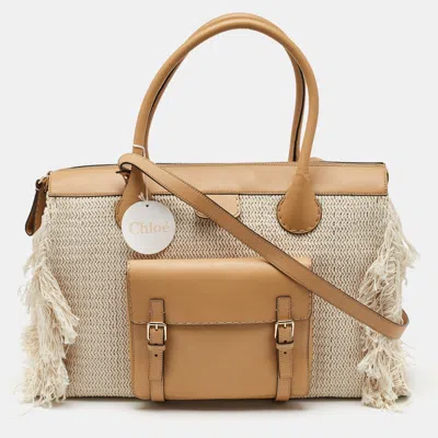 Pre-owned Chloé Cream/tan Leather And Linen Fringe Edith Oversized Day Bag