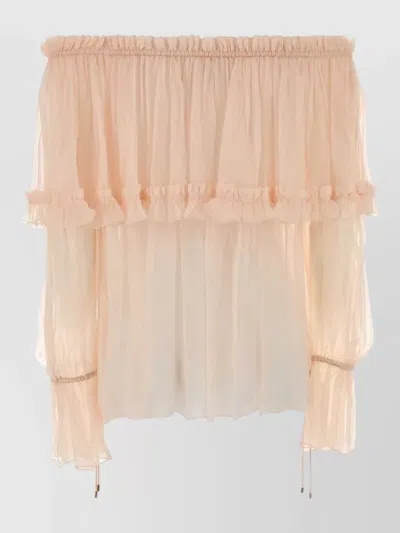 Chloé Crepe Blouse Off Shoulder Sheer Ruffles In Neutral