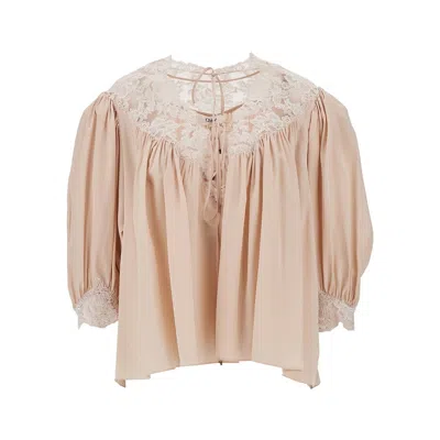 Chloé Lace-trim Puff-sleeve Organic Silk Crepe De Chine Top In Pink