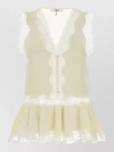 Chloé Crepe Top Lace Trim Ruffled Hem In Multi