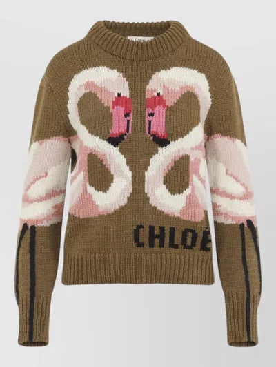 Chloé Crew Neck Flamingo Knit Pullover Ribbed Trims In Brown