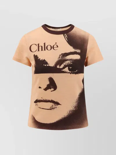 Chloé Multicolor Crewneck T-shirt With Maxi Graphic Print On The Front In Wool Blend Woman In Orange