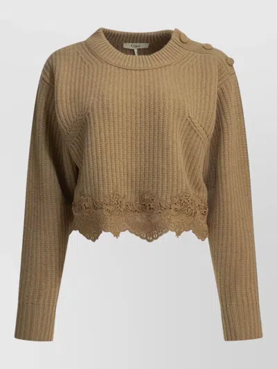Chloé Crew Neck Sweater Lace Trim Buttons In Brown
