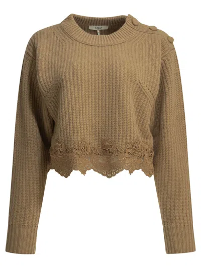 Chloé Crew Neck Sweater Lace Trim Buttons In Brown