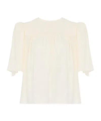 Chloé Crew-neck Gathered Top In Silk Jacquard In White