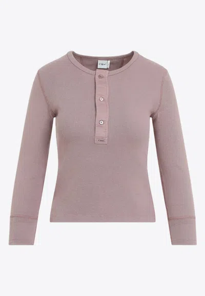 Chloé Fitted Henley Cotton Jersey Shirt Clothing In Pink